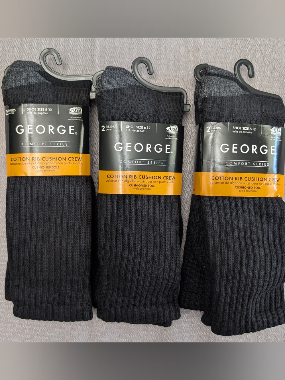 (6 Pk) George Men's Black Cotton Rib Cushion Crew Socks Men's Size 6-12 New